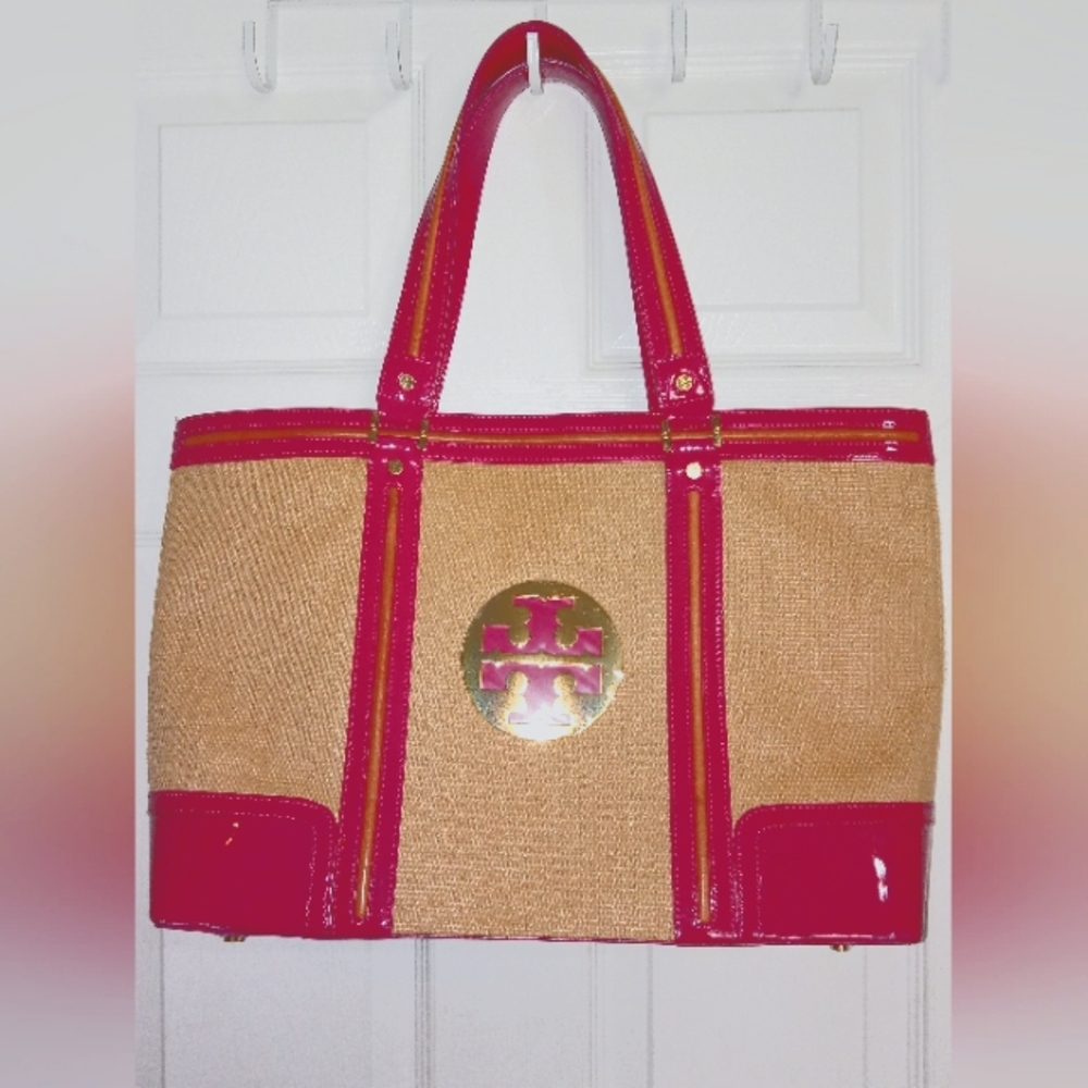 Tory Burch Purse Tote Pink & Tan Straw